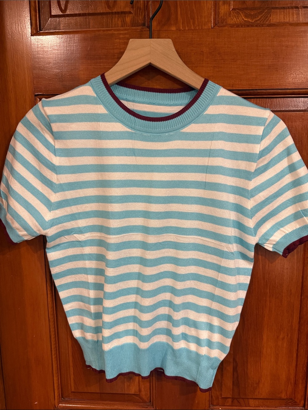 Striped Short Sleeve Knit Top - Aqua & White with Maroon Trim